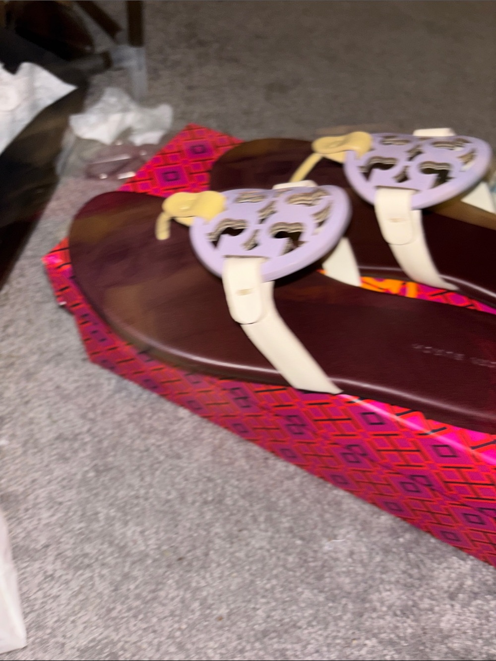 Tory Burch Maroon Sandals with Lavender Medallions & Pale Yellow Straps - Picture 4 of 5